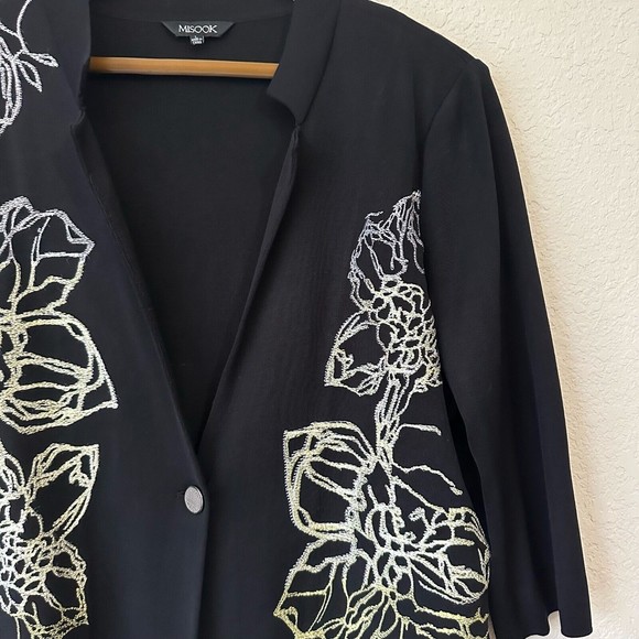 MISOOK Embroidered One Button Knit Suit Jacket Black Shoulder Padded - Picture 3 of 9